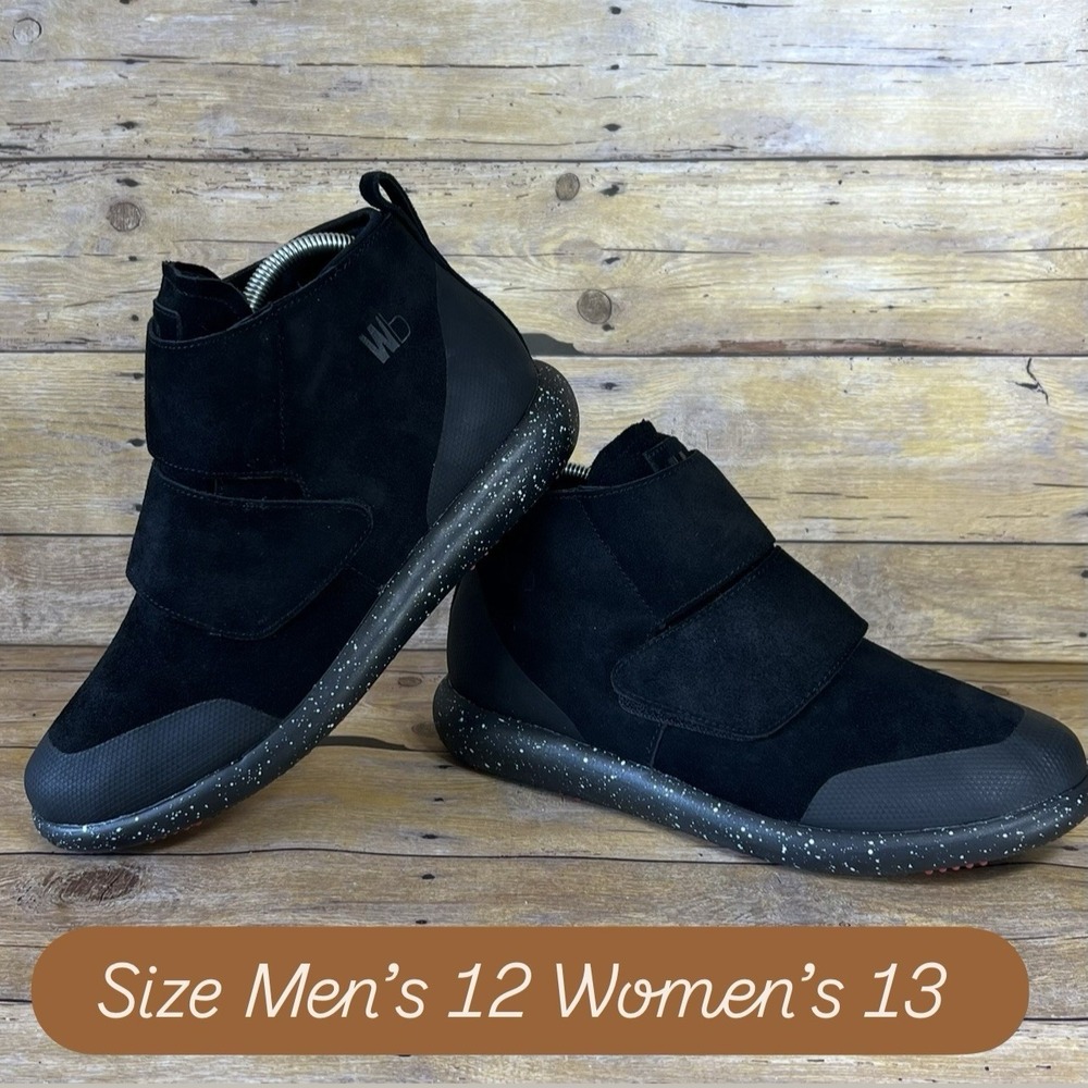 World Boots Lees True Black Spec Suede Velcro Mid Top Sneakers Mens 12 Womens 13
